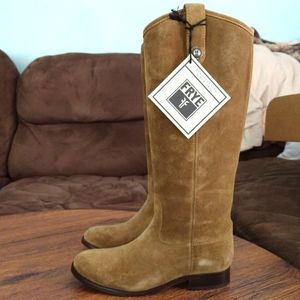 Frye Melissa button tall boots tan suede leather NWT